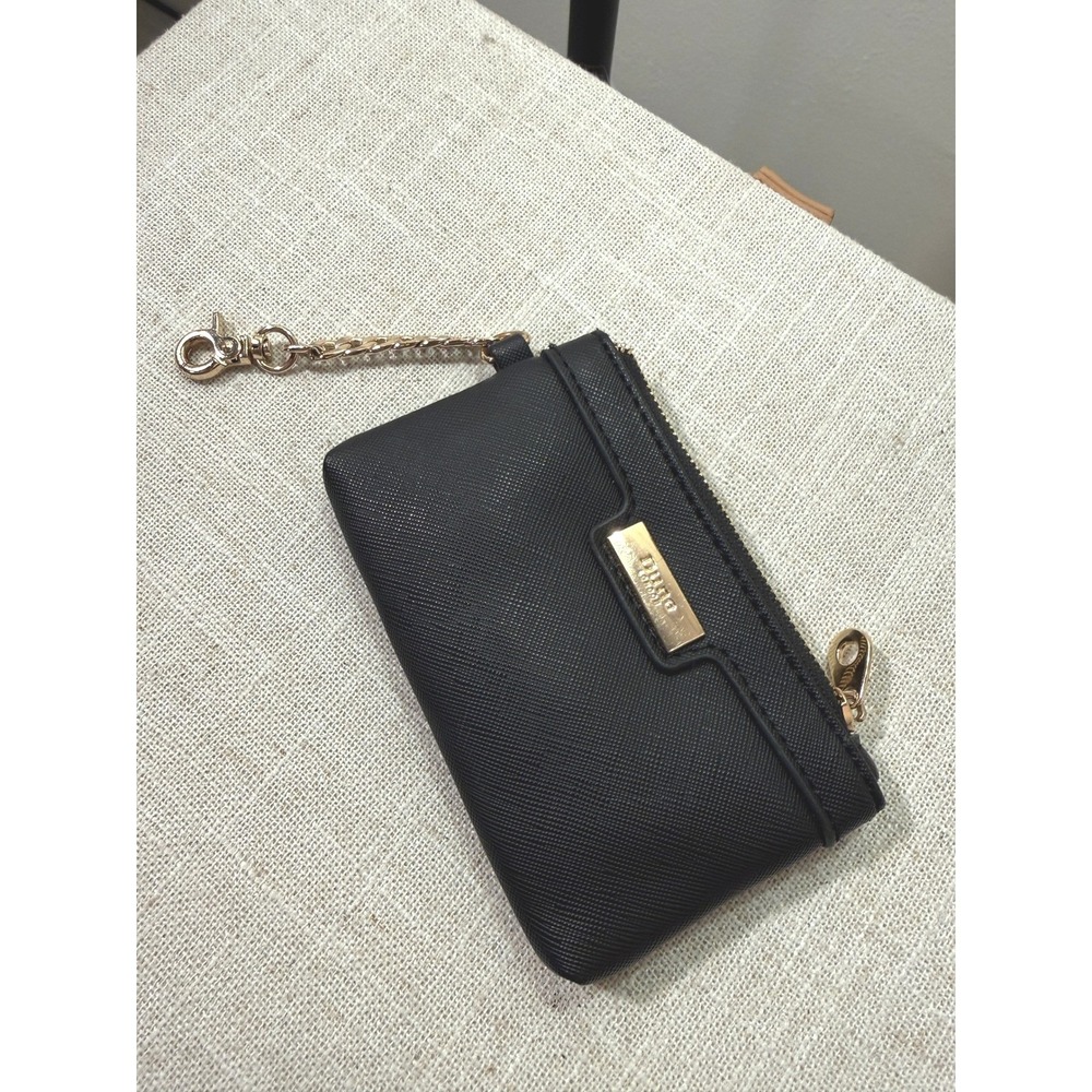 Dune London Black Saffiano Zip Coin Purse Key Pouch Gold Chain Attachment